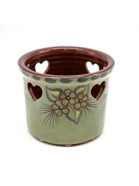 Eldreth Redware Pottery Crock 2008 Green Floral Heart Cutout PA Folk Art 5 in